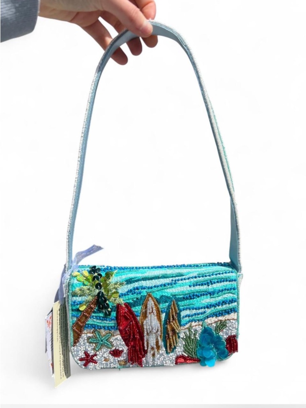 surfboard palm tree ocean beach beaded shoulder bag made in india